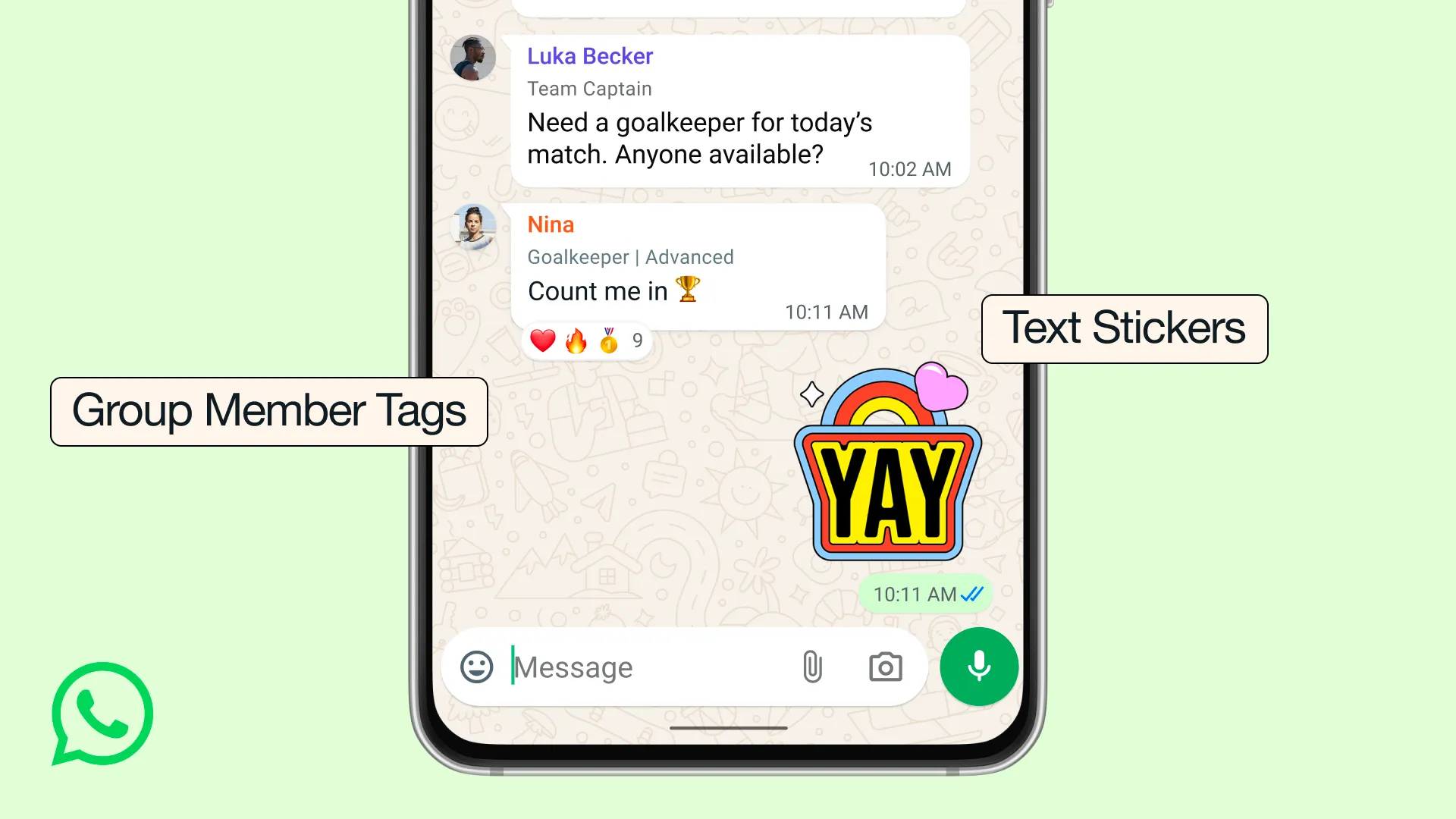 A smartphone showing a WhatsApp group chat with the new text sticker and member tags tools