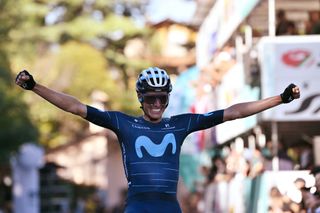 SAN LUCA ITALY OCTOBER 01 Enric Mas Nicolau of Spain and Movistar Team celebrates at finish line as race winner during the 105th Giro dellEmilia 2022 a 1987km one day race from Carpi to San Luca 267m on October 01 2022 in San Luca Italy Photo by Dario BelingheriGetty Images