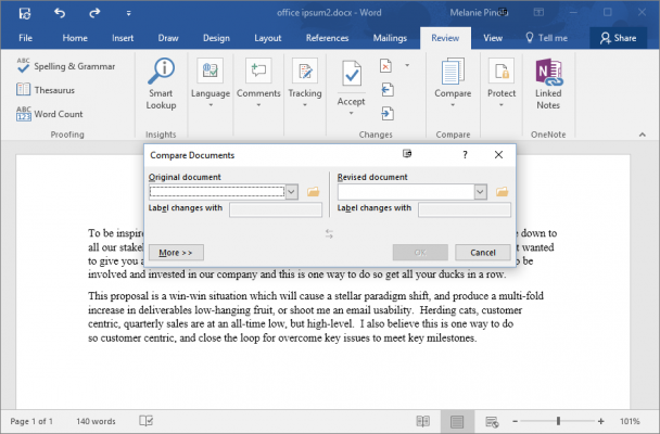 hpow to accept all changes in word doc merge