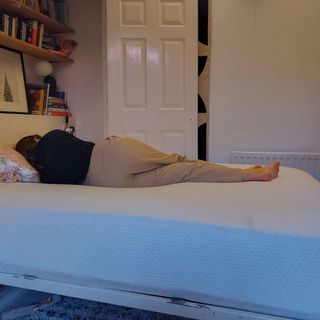 Our mattress tester, Millie, lying on the REM-fit eco hybrid mattress in her bedroom