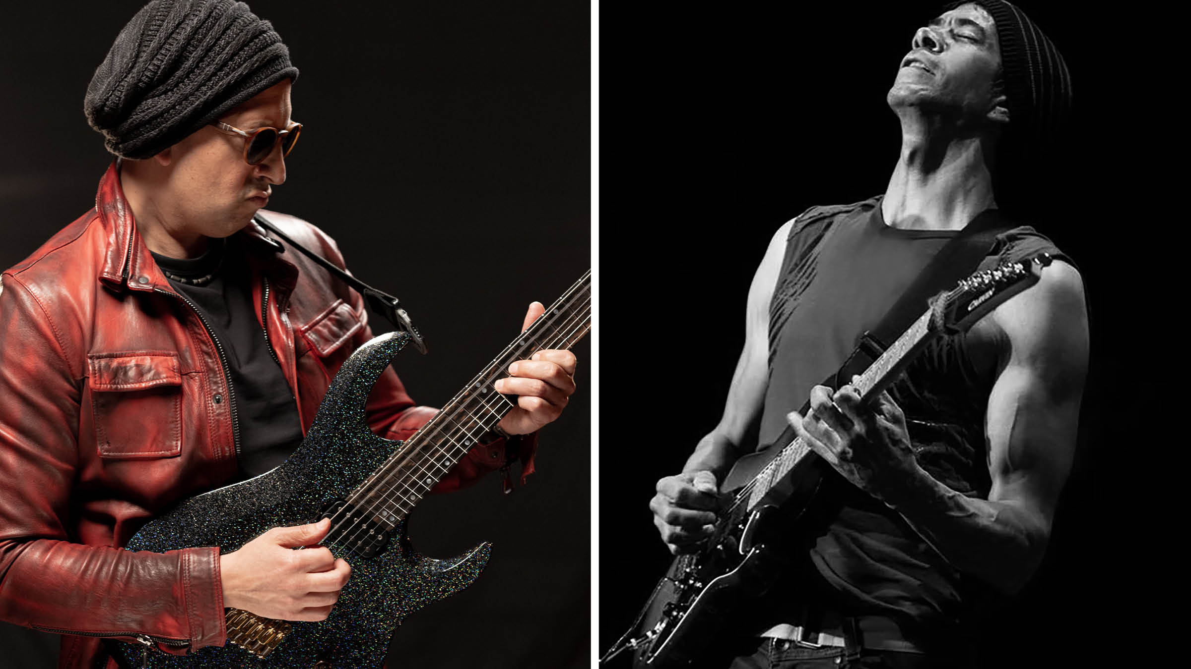 DarWin and Greg Howe: on the left, the mysterious DarWin, in a beanie and shades, playing an S-style, and on the right, we have the virtuoso Howe who gave his sound what he needed.