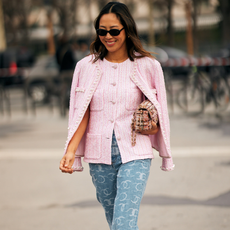 Photo of ifluencer Aimee Song wearing printed controversial denim trend jean style.