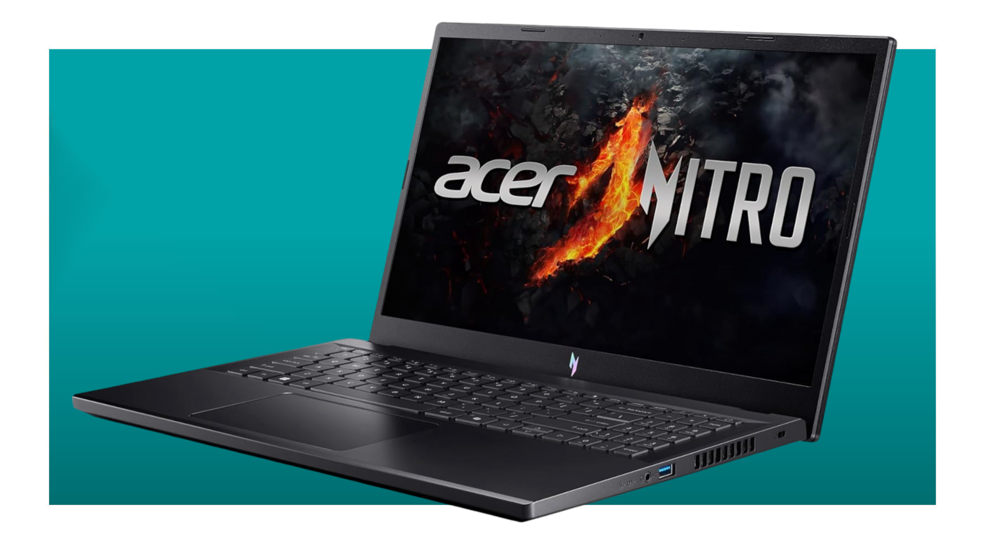 An image of an Acer Nitro V 15 gaming laptop against a teal background with a white border