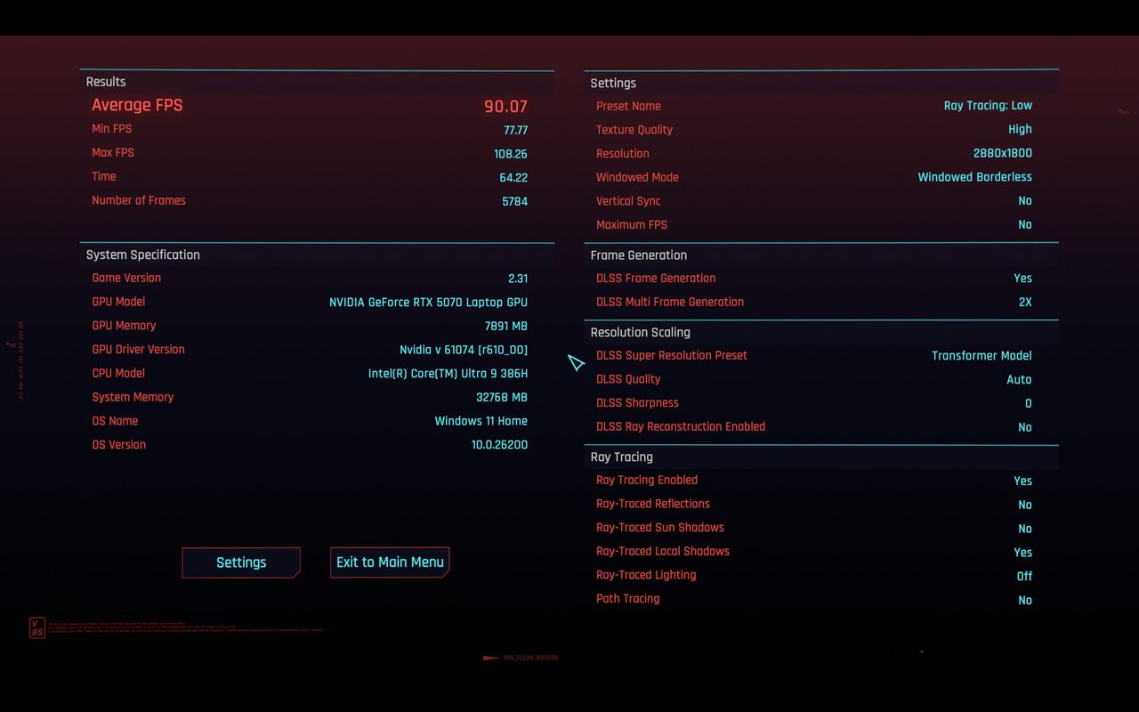 Cyberpunk 2077 in-game benchmark results running on a HyperX OMEN 15 gaming laptop