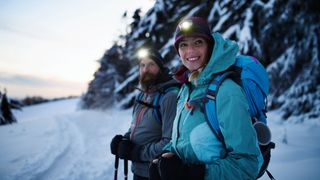 what to wear hiking: couple hiking in winter