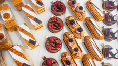 An assortment of French cakes on display.