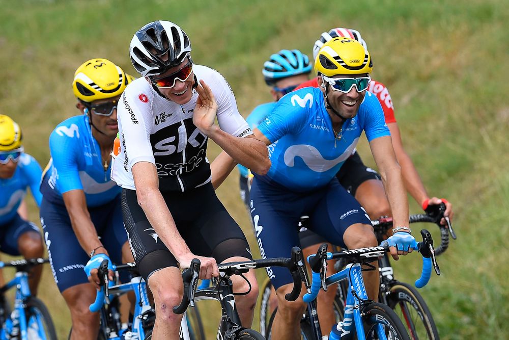 Alejandro Valverde and Chris froome share a laugh during stage 13 at the Tour de France