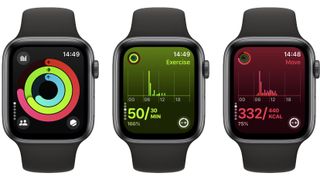 Three Apple Watches side by side, showing the Fitness app in watchOS 10.