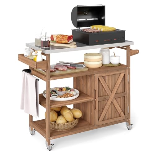 Costway Outdoor Grill Cart, Bbq Movable Food Prep Pizza Oven Table With Storage Cabinet, Spice Rack, Shelves &amp;amp; Stainless Steel Top, Metal Portable Kitchen Island on Wheels (natural, 118 X 47 X 92cm)