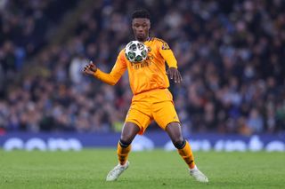 Eduardo Camavinga of Real Madrid controls the ball during the UEFA Champions League 2024/25 League Knockout Play-off first leg match between Manchester City and Real Madrid C.F. at Etihad Stadium on February 11, 2025 in Manchester, England.