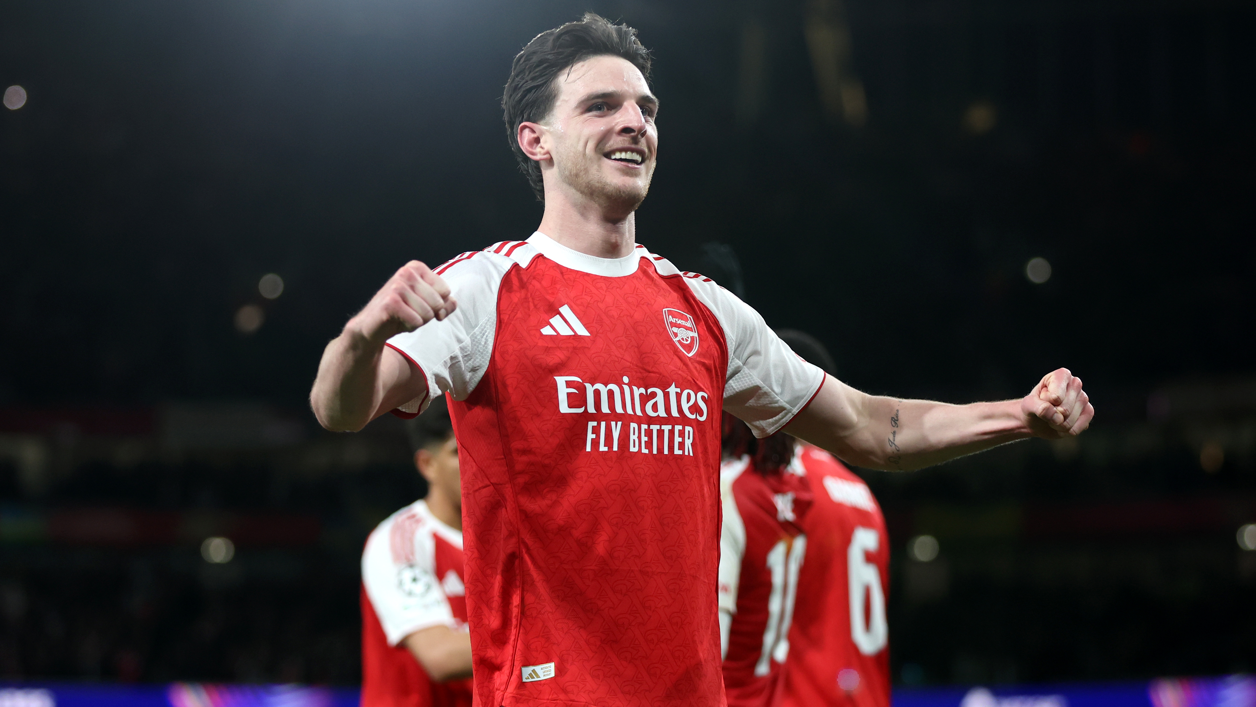 Arsenal's Declan Rice celebrates scoring his side's second goal during the UEFA Champions League 2025/26 Round of 16 Second Leg match between Arsenal FC and Bayer 04 Leverkusen