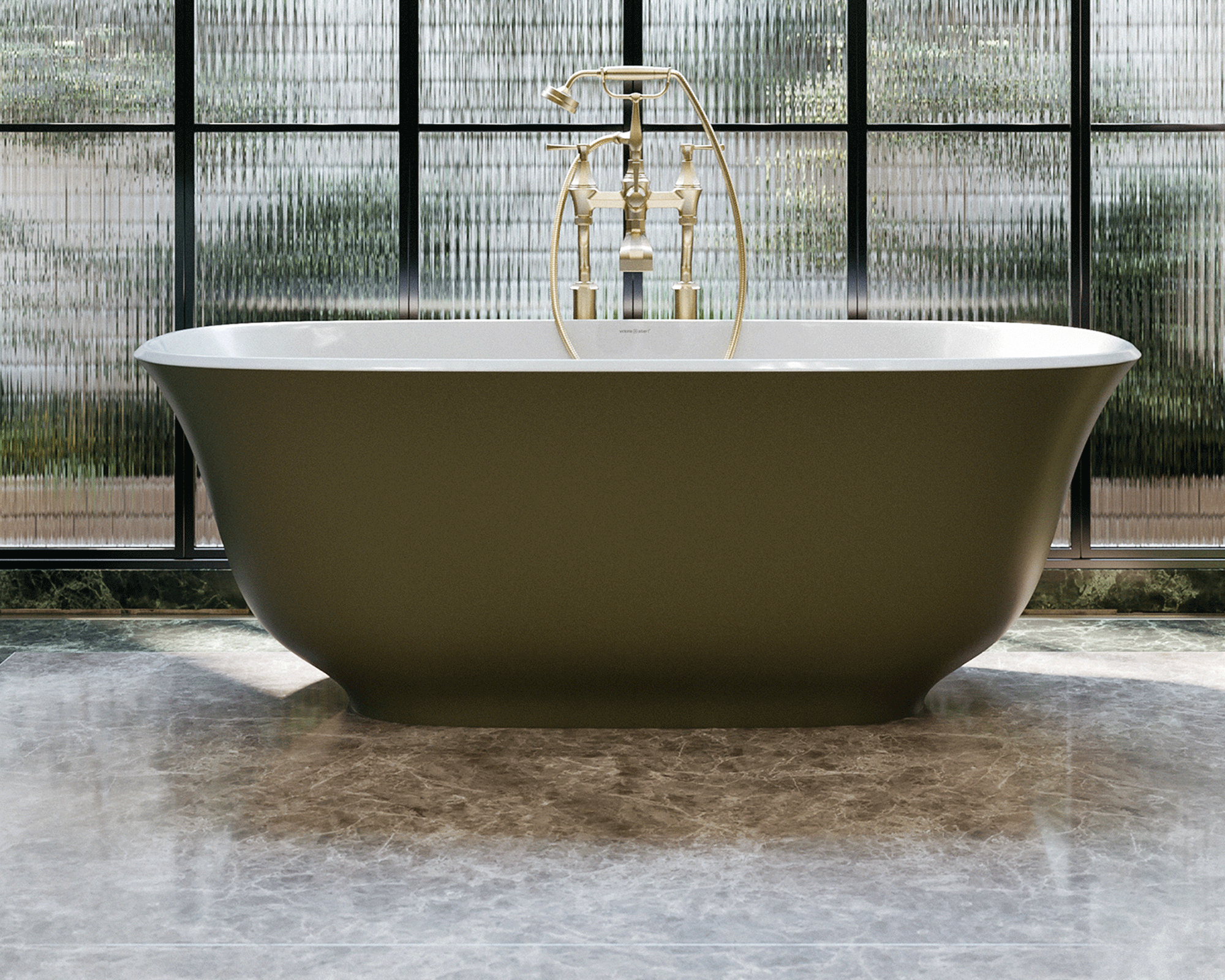 A khaki green small bathtub in bathroom with black framed windows and fluted glass