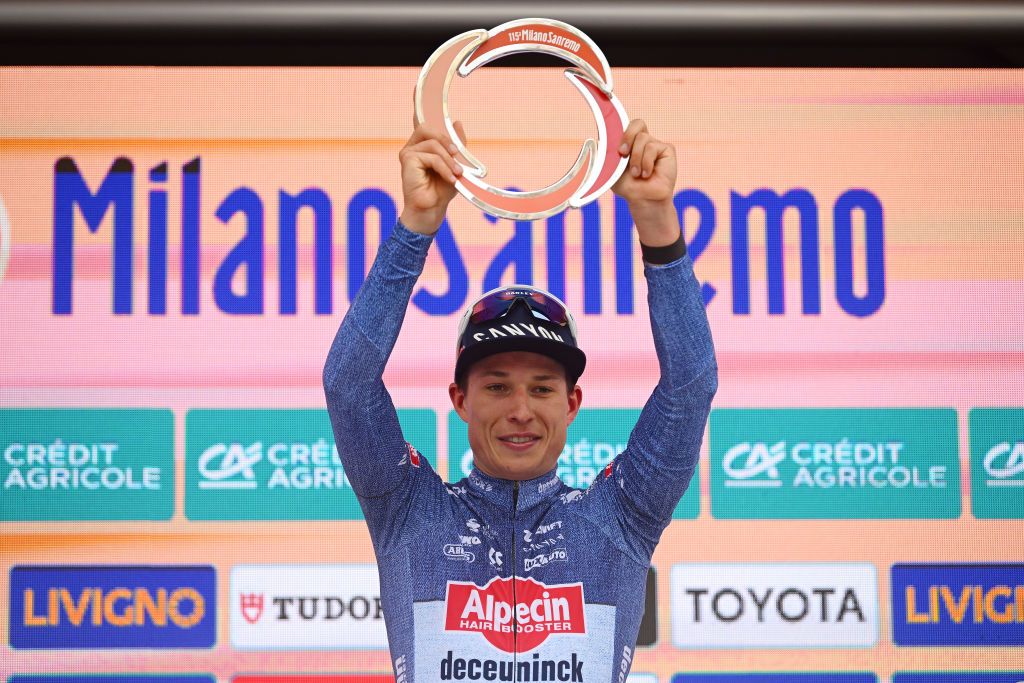 Jasper Philipsen on the podium at Milano-Sanremo