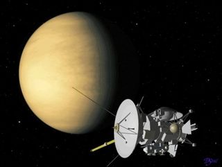 An artist's impression of the Cassini-Huygens spacecraft flying by Venus.