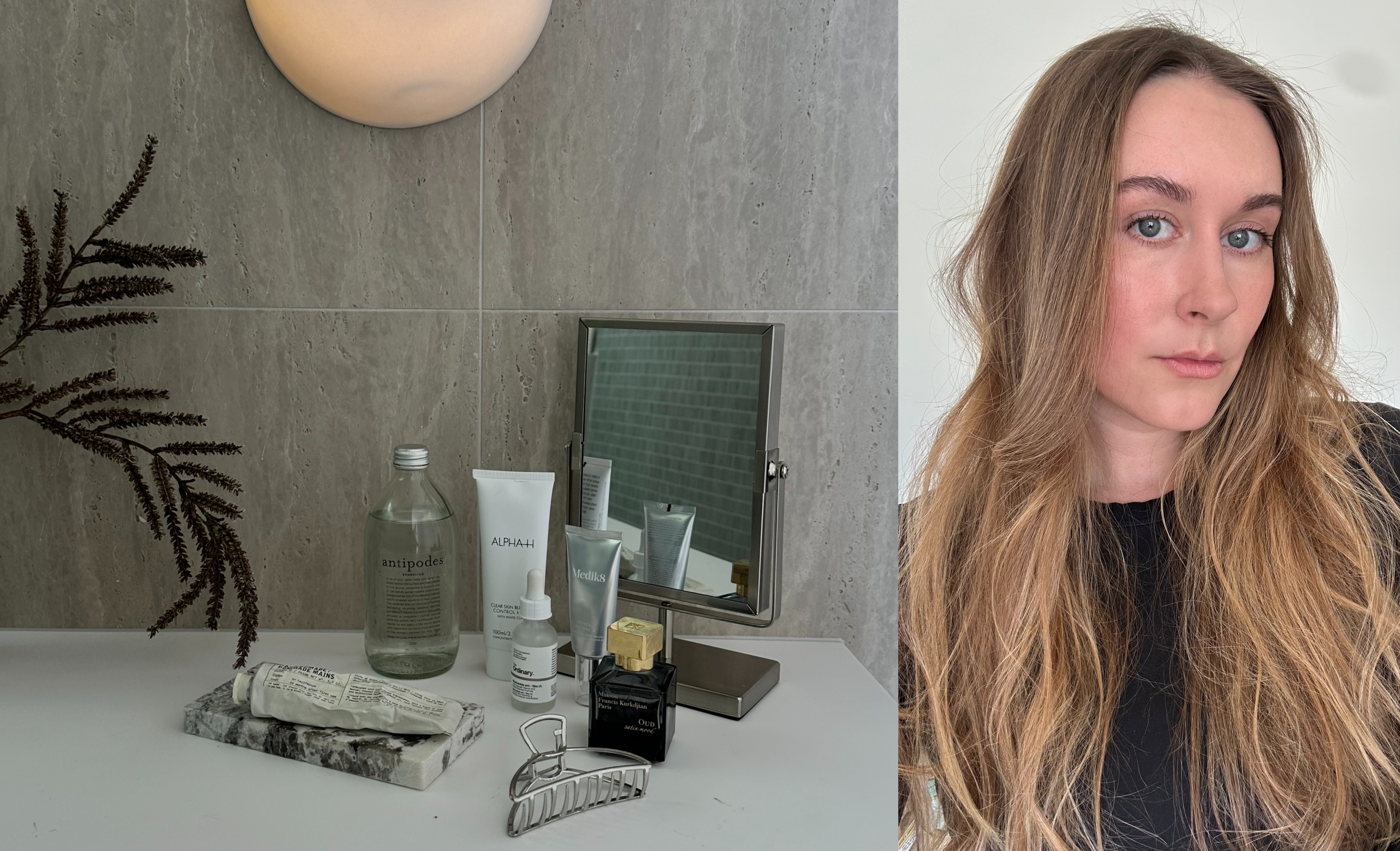 A picture of a vanity with beauty products juxtaposed next to an image of beauty editor Kaitlyn McLintock
