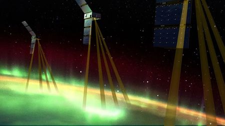 An illustration of three satellites above Earth looking down at bright green auroras.