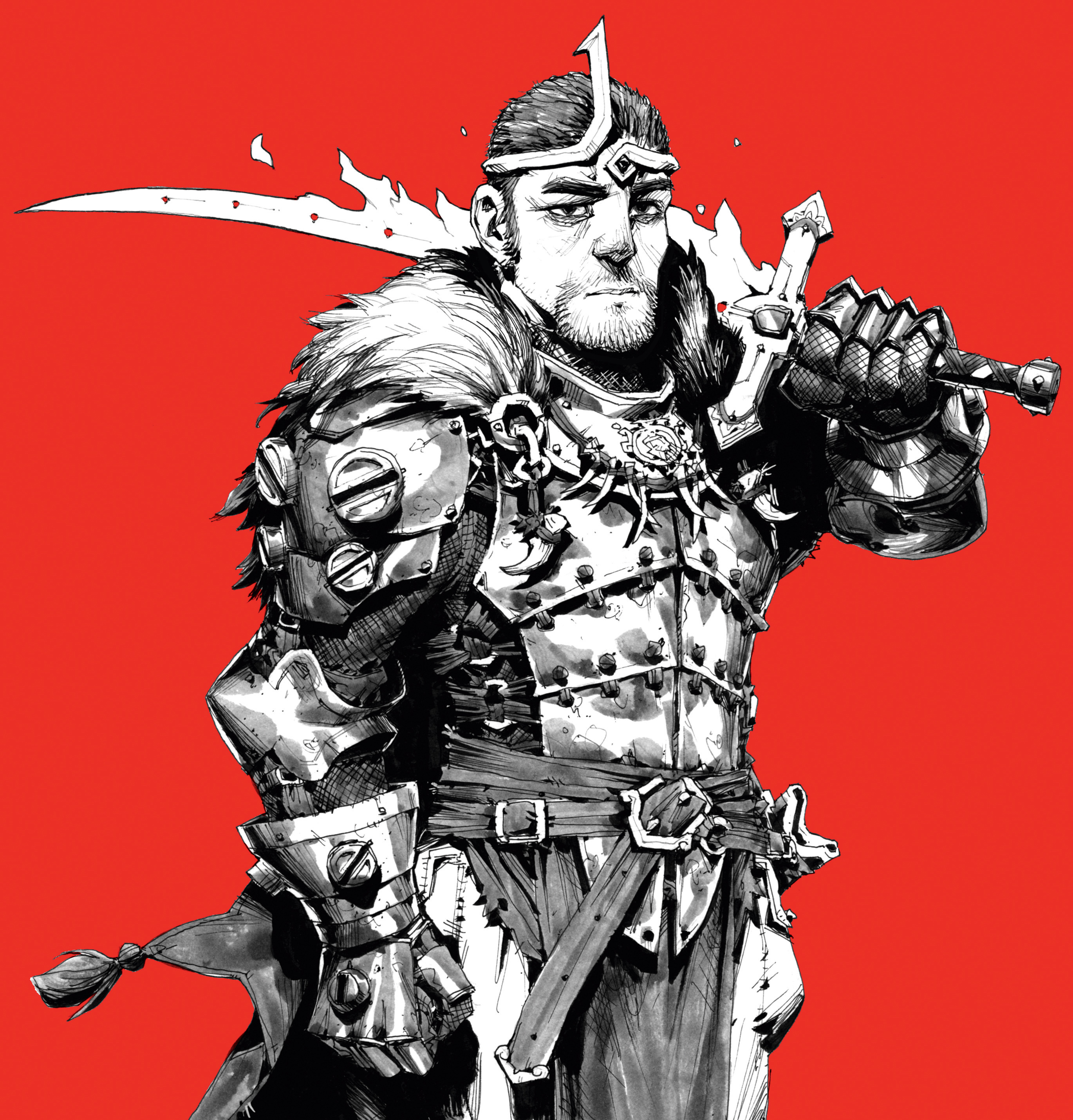 Character stands against a red background