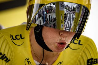 Team SD Worxs Dutch rider Demi Vollering wearing the overall leaders yellow jersey reacts before taking the start of the eighth and final stage out of 8 of the second edition of the Womens Tour de France cycling race a 226 km individual time trial between Pau and Pau southwestern France on July 30 2023 Photo by JEFF PACHOUD AFP Photo by JEFF PACHOUDAFP via Getty Images