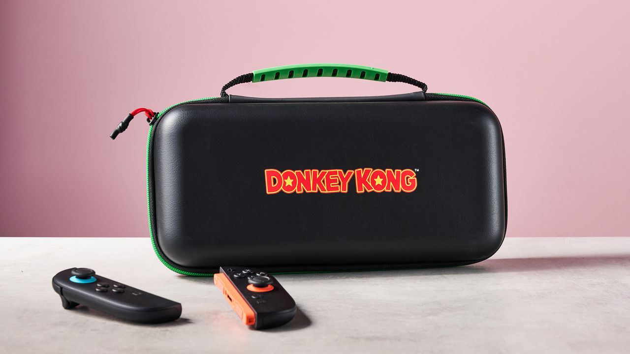Turtle Beach PlayTrek Travel Case for Nintendo Switch 2 on table with Joy-Con 2 controllers