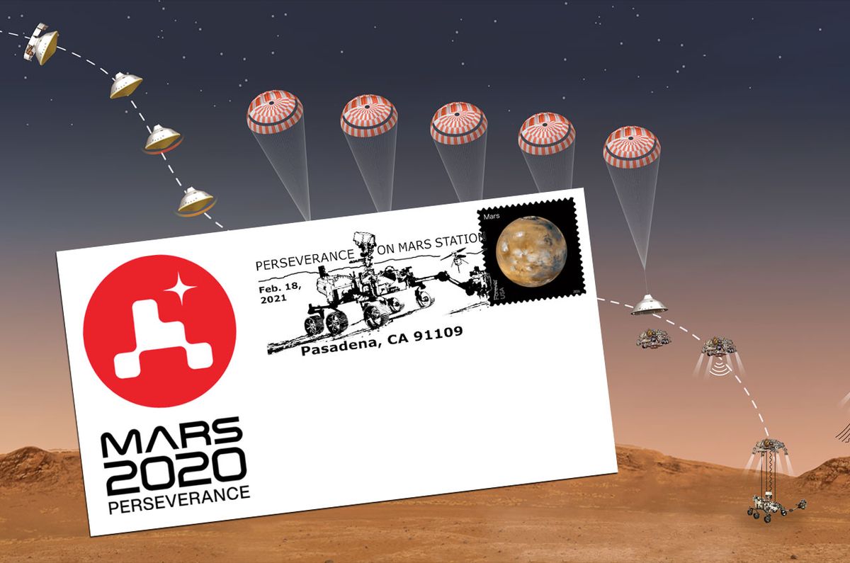 Mockup of a postmarked envelope for the Feb. 18, 2021 landing of NASA&#039;s Perseverance rover on Mars. The U.S. Postal Service is ready to produce the cancellation device and release the postmark once Perseverance touches down.