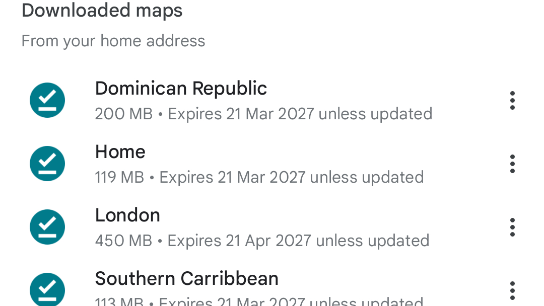 Google Maps screenshot showing downloads for London, Home and the Dominican Republic