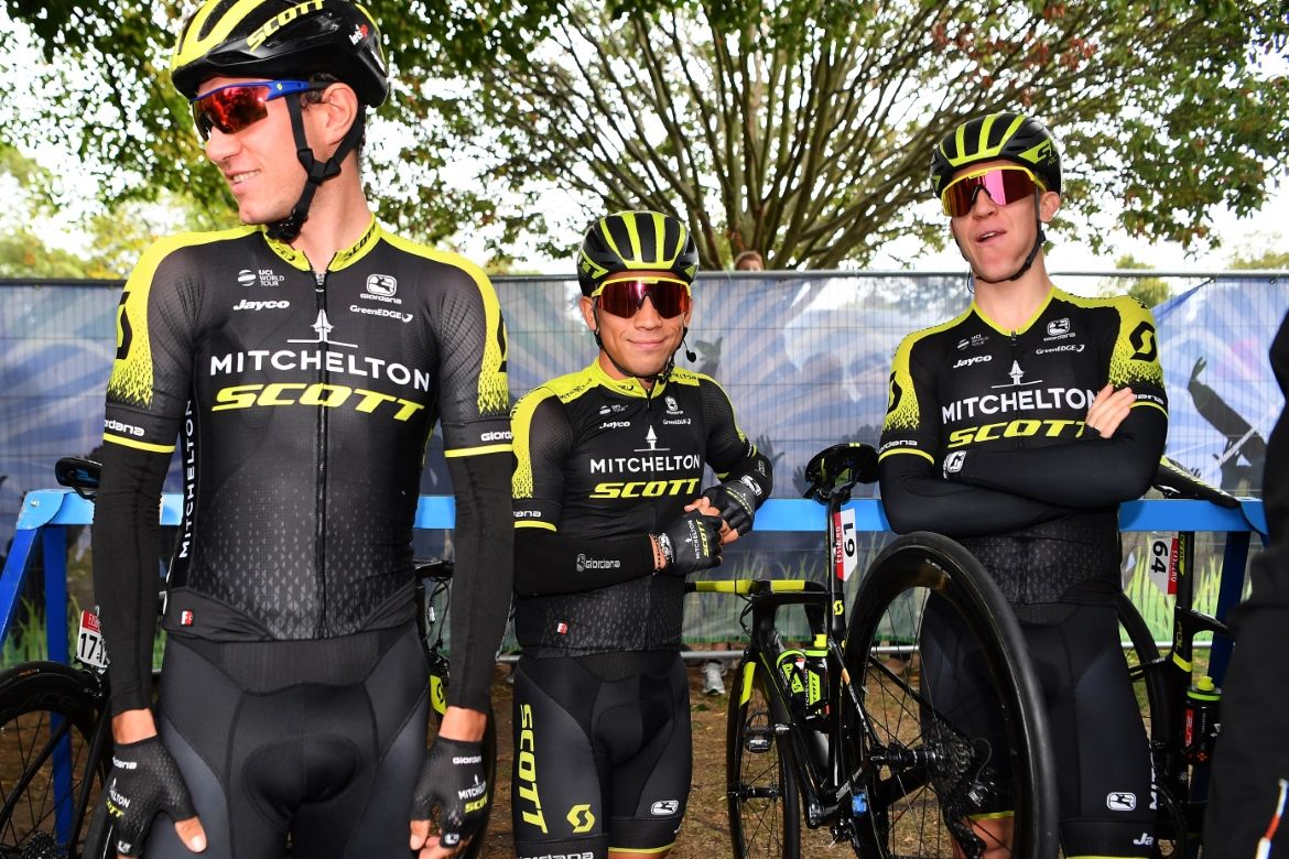 Mitchelton-Scott riders Rob Power, Caleb Ewan and Cameron Meyer