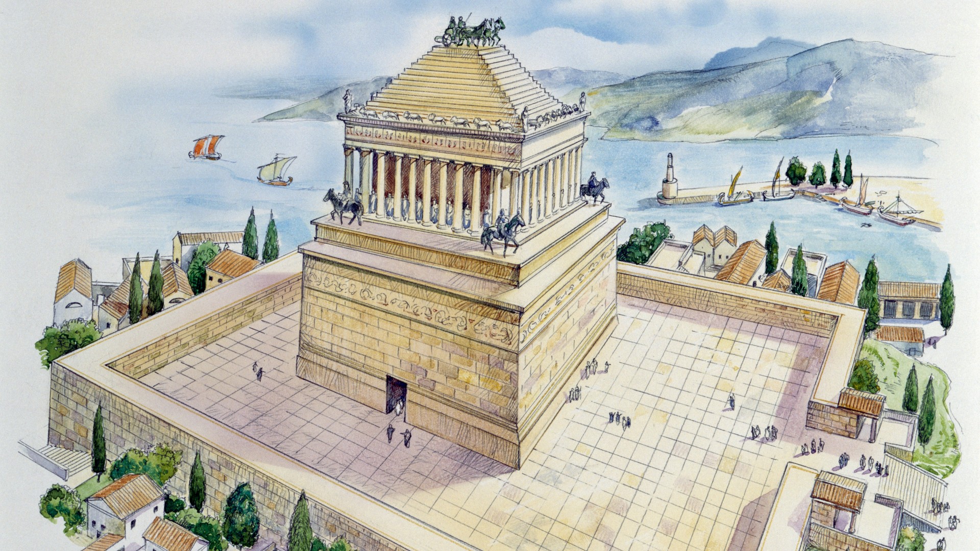 Illustration of what the Mausoleum at Halicarnassus would have looked like.
