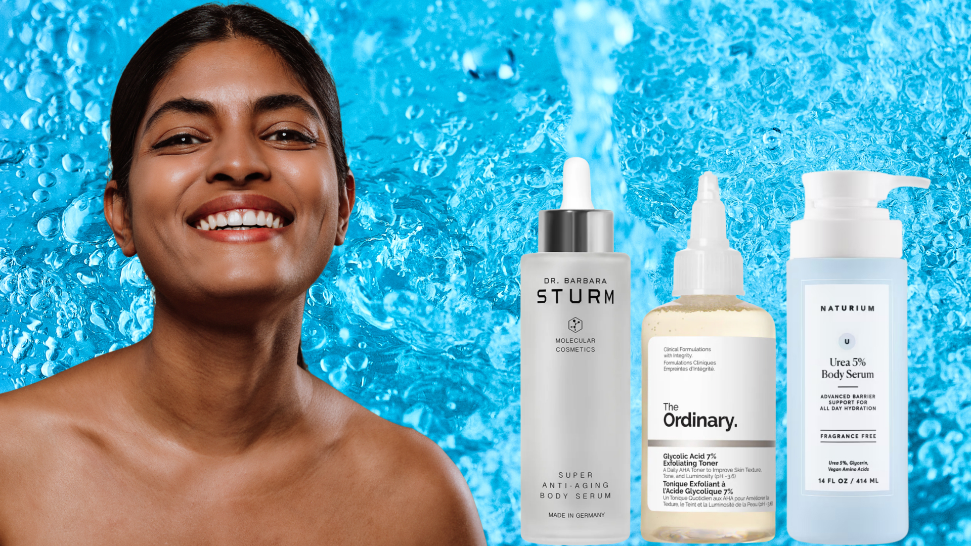 A woman with glowy skin next to three body serums. All images are in front of a watery background. 
