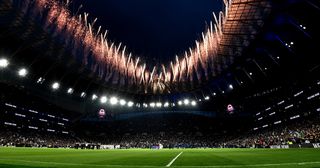 General view inside the stadium as fireworks are seen during the Opening Ceremony of the Tottenham Hotspur Stadium prior to the the Premier League match between Tottenham Hotspur and Crystal Palace at Tottenham Hotspur Stadium on April 03, 2019 in London, United Kingdom. 