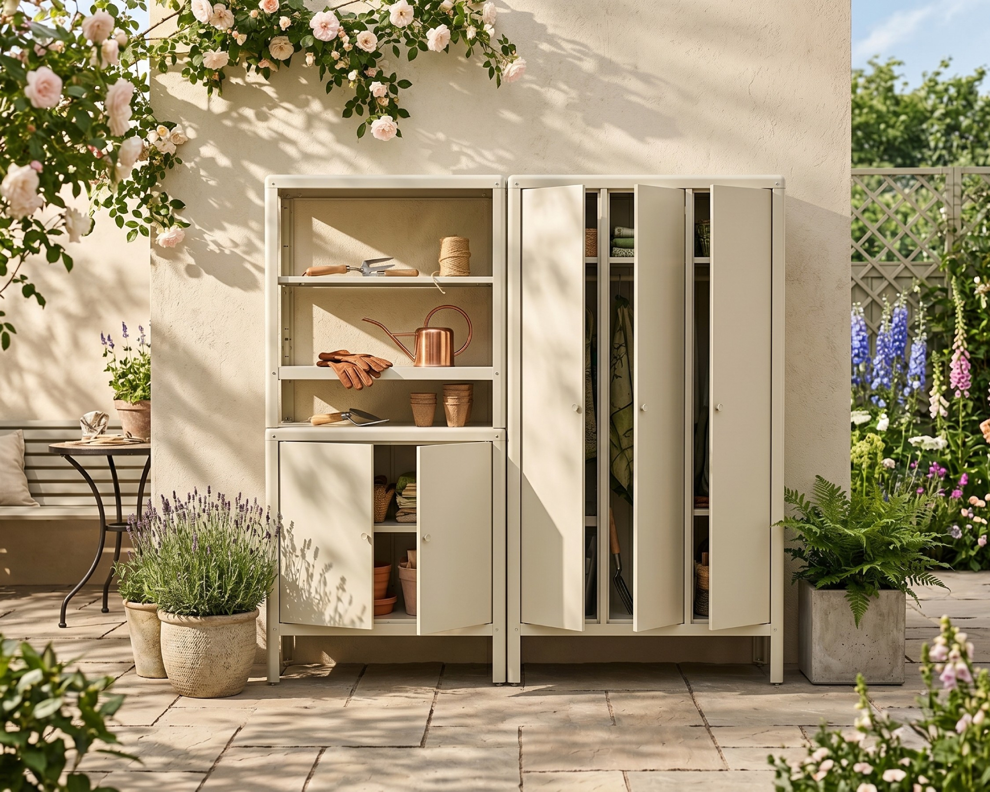 stylish garden storage units in a modern garden