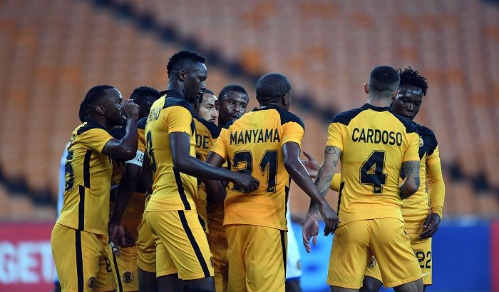 Erick Mathoho of Kaizer Chiefs celebrates his goal with teammates during the 2021 CAF Champions League match against Pedro De Luanda 