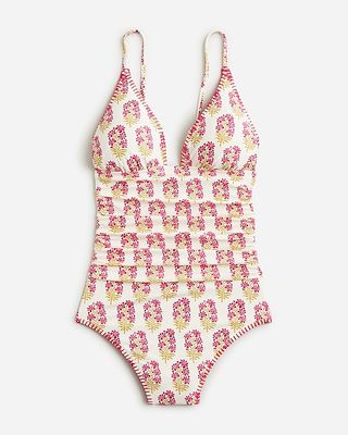 Ruched Plunge One-Piece Swimsuit in Berry Block Print