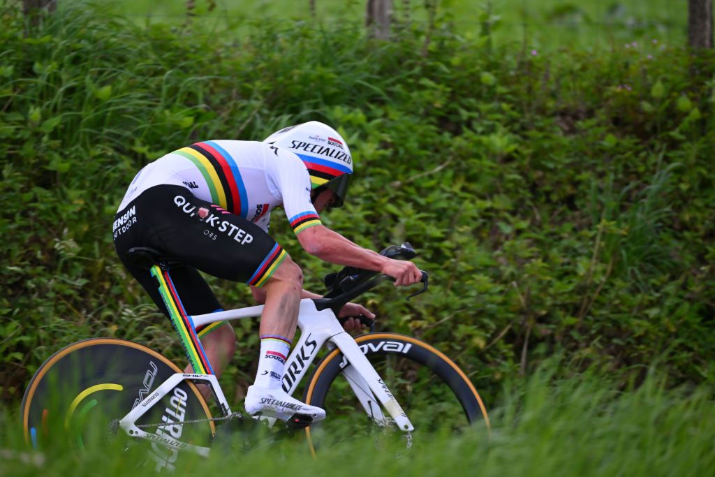 IRUN SPAIN APRIL 01 Remco Evenepoel of Belgium and Team Soudal QuickStep sprints injured after falling during the 63rd Itzulia Basque Country 2024 Stage 1 a 10km individual time trial stage from Irun to Irun UCIWWT on April 01 2024 in Irun Spain Photo by Tim de WaeleGetty Images