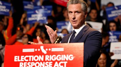 LOS ANGELES, CALIFORNIA - AUGUST 14: California Governor Gavin Newsom speaks about the &ldquo;Election Rigging Response Act&rdquo; at a press conference at the Democracy Center, Japanese American National Museum on August 14, 2025 in Los Angeles, California. Newsom spoke about a possible California referendum on redistricting to counter the legislative effort to add five Republican House seats in the state of Texas. (Photo by Mario Tama/Getty Images)
