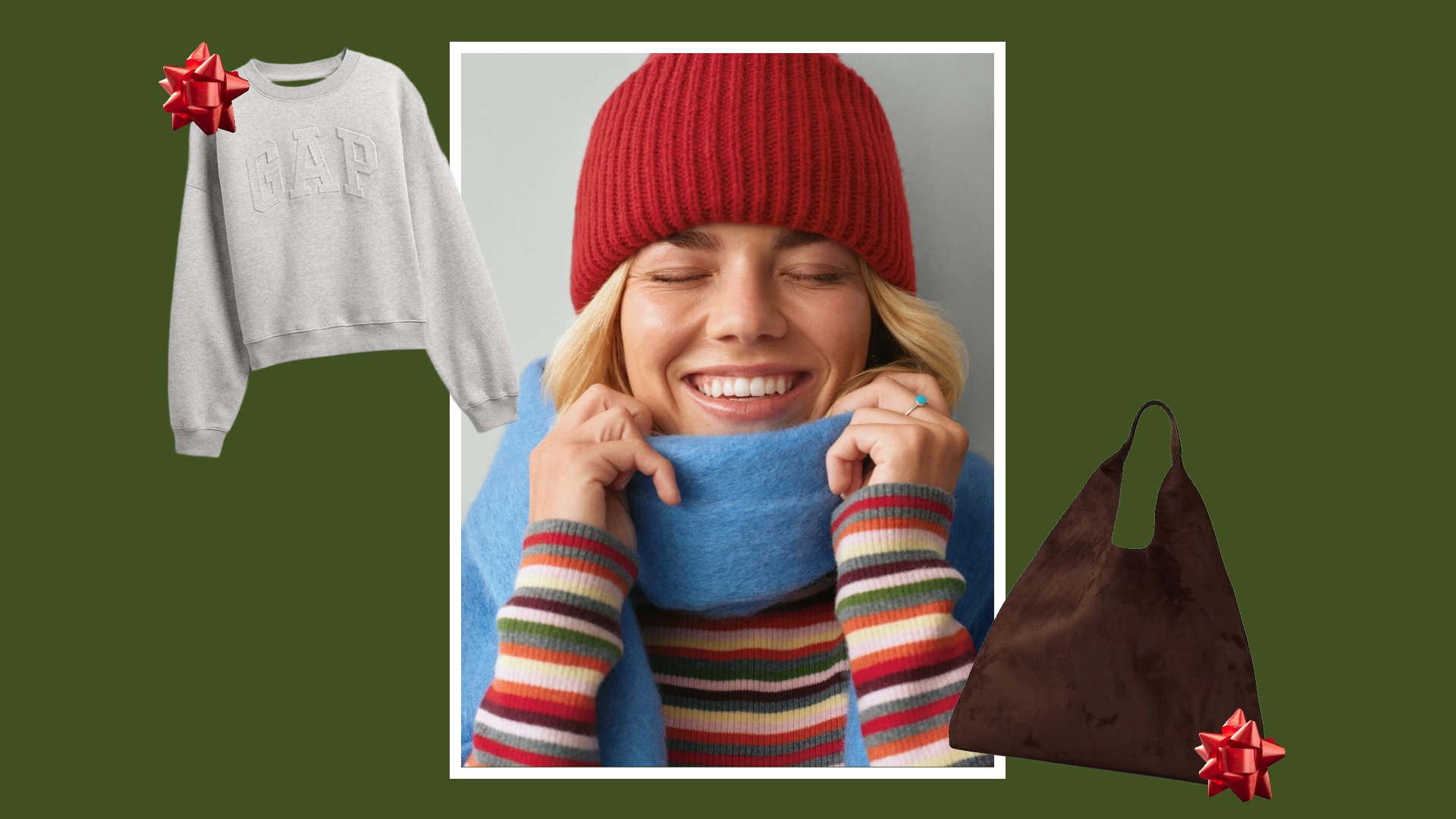 blonde woman smiling wearing scarf and red beaning with white border, gap sweatshirt, suede bag and red bows overlaid on green background