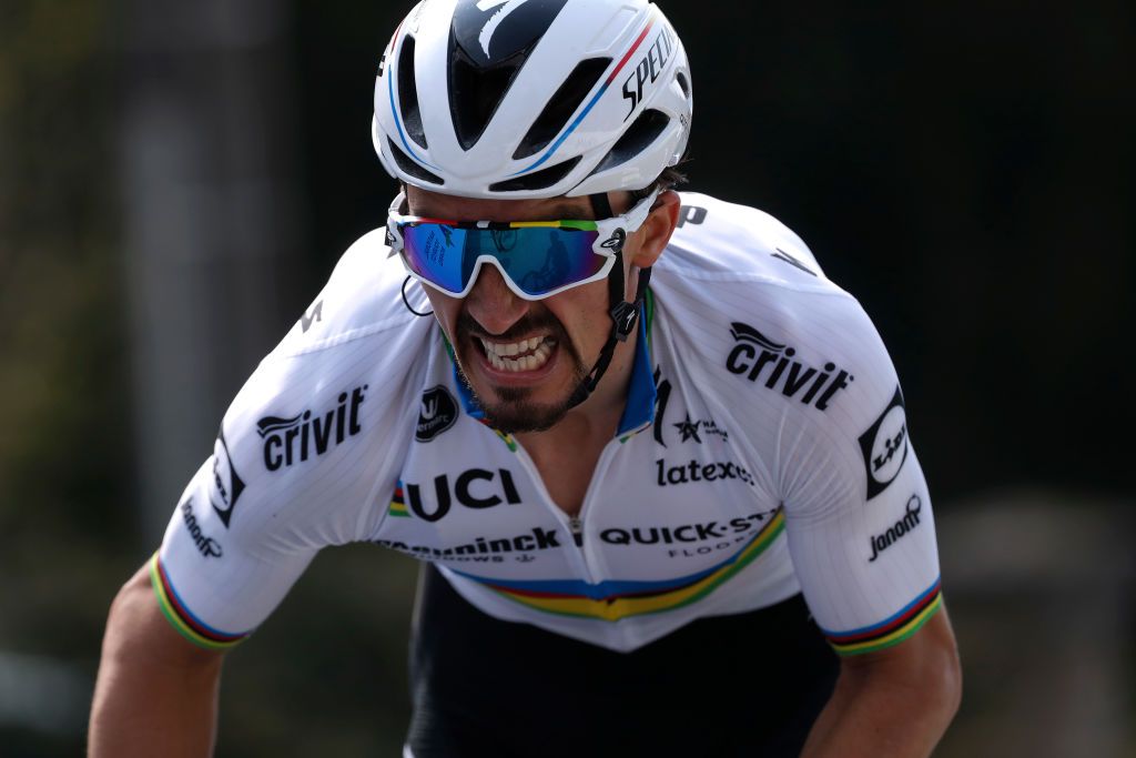 MUR DE HUY BELGIUM APRIL 21 Julian Alaphilippe of France and Team Deceuninck QuickStep sprint on arrival during the 85th La Fleche Wallonne 2021 Men Elite a 1936km race from Charleroi to Mur de Huy 204m FlecheWallonne on April 21 2021 in Mur de Huy Belgium Photo by Bas CzerwinskiGetty Images