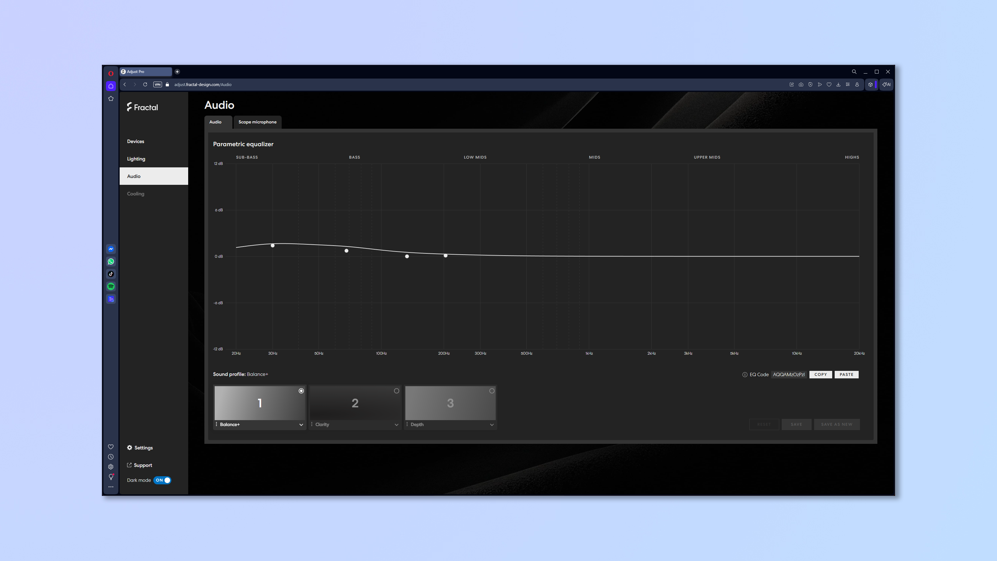 The Fractal Design Pro Adjust app being used to adjust headset EQ