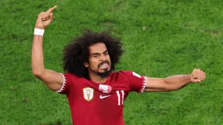 Akram Afif of Qatar celebrates scoring ahead of the Asian Cup final: Jordan vs Qatar