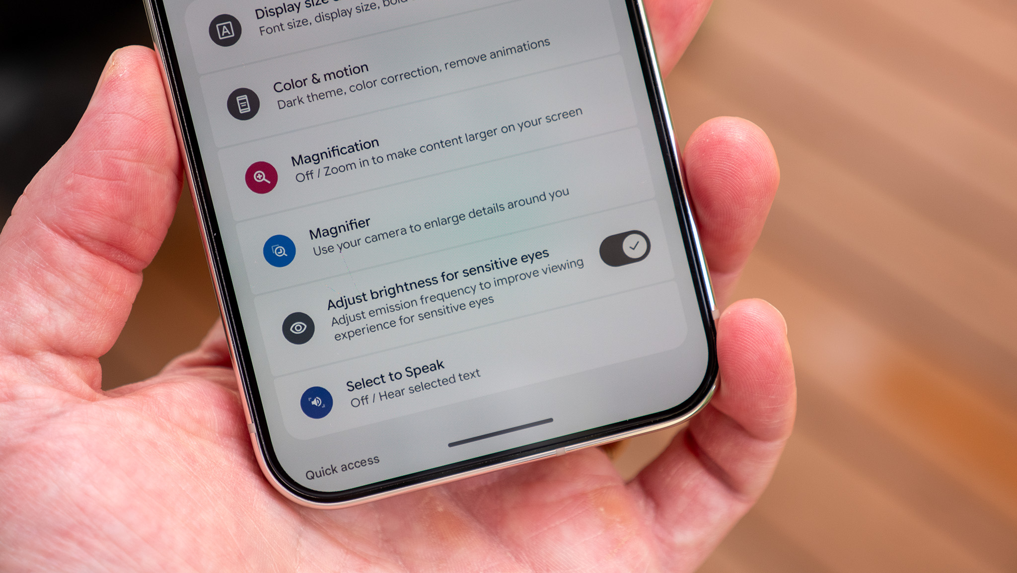 Android 17's accessibility options on the Google Pixel 10 Pro XL, including the Sensitive Eyes feature