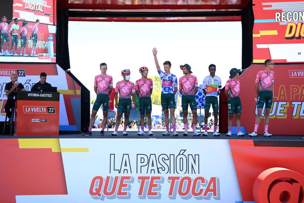 LAGUARDIA SPAIN AUGUST 23 Rigoberto Uran Uran of Colombia Jonathan Klever Caicedo Cepeda of Ecuador Hugh Carthy of United Kingdom Johan Esteban Chaves Rubio of Colombia Merhawi Kudus Ghebremedhin of Eritrea Mark Padun of Ukraine James Callum Shaw of United Kingdom Julius Van Den Berg of Netherlands and Team EF Education Easypost during the team presentation prior to the 77th Tour of Spain 2022 Stage 4 a 1524km stage from VitoriaGasteiz to Laguardia 627m LaVuelta22 WorldTour on August 23 2022 in Laguardia Spain Photo by Justin SetterfieldGetty Images