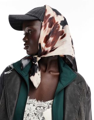 Asos Design Satin Headscarf in Cow Print