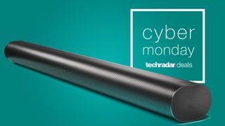 Cyber Monday soundbar deals: Sonos Arc soundbar on green background with Cyber Monday deals sign