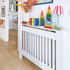 Radiator in white cover with shelf on top. On the shelf there is a colourful lamp, vase of dried flowers and two multi-coloured trees