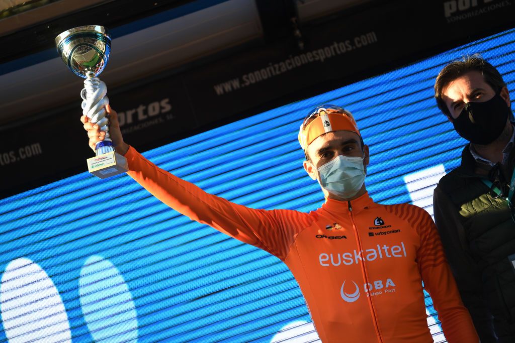 ROQUETAS DE MAR SPAIN FEBRUARY 14 Podium Luis Angel Mate Mardones of Spain and Team EuskaltelEuskadi Mountain Trophy Celebration during the 34th Clsica de Almeria 2021 a 1833km race from Pueblo de Vicar to Roquetas de Mar ClasicaAlmeria21 on February 14 2021 in Roquetas de Mar Spain Photo by Tim de WaeleGetty Images