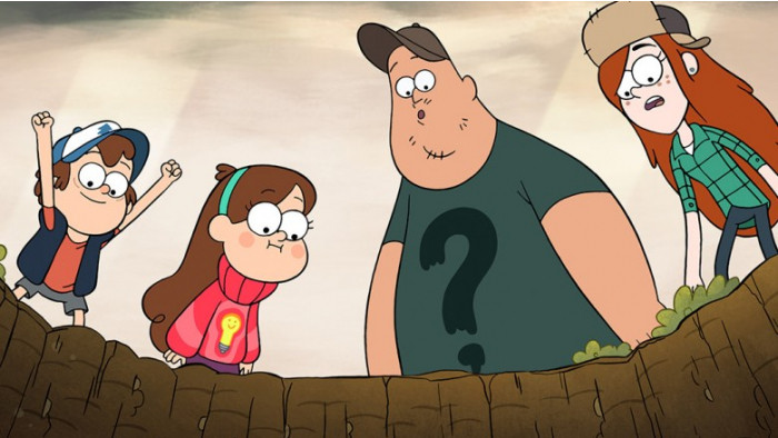 Dipper, Mabel, Soos and Wendy staring in a hole