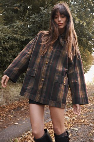 Kerchief Collar Plaid Trench Coat