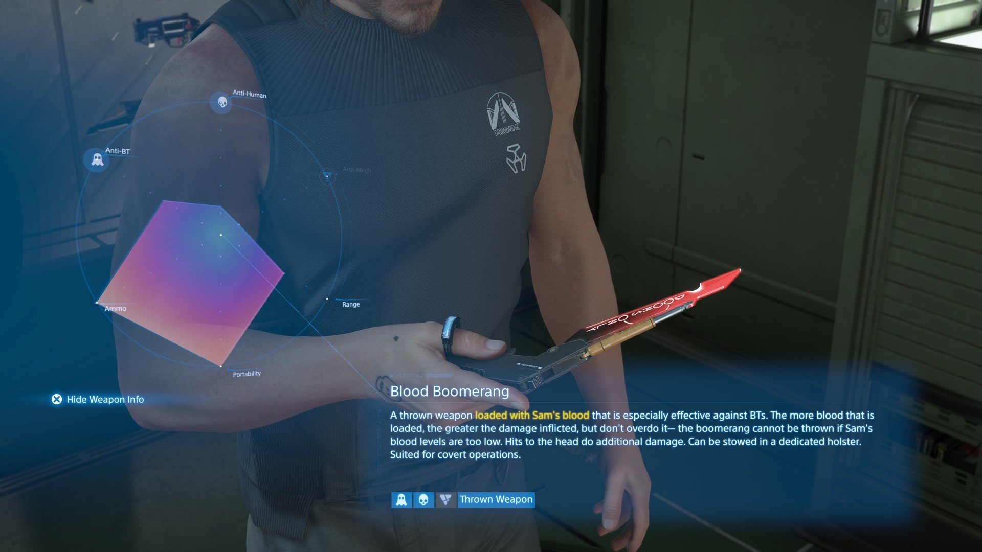 The Blood Boomerang, one of the best weapons for fighting BTs in Death Stranding 2