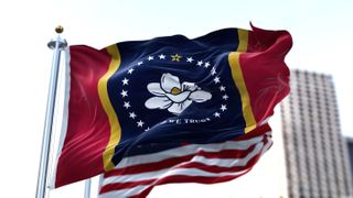 The Mississippi State flag, blowing in the wind on a flagpole. In the background, the US flag can be seen out of focus, blowing in the wind and further behind stands an office building.