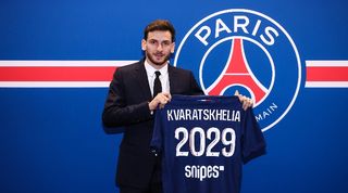 Khvicha Kvaratskhelia presented as a Paris Saint-Germain player in January 2025.