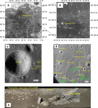 Location of the Chang’e-3 landing site. (a) Chang’e-1 CCD image with boundaries of typical mare basalt units7. (b) Chang’e-2 CCD image and (c) LROC NAC image (LROC NAC M1142582775R). (d) The traverse map of the Yutu rover and the locations of APXS and VNIS measurements. (e) Panoramic view of the ‘Zi Wei’ crater by the Panoramic Camera on the Yutu rover at the CE3-0008 site.